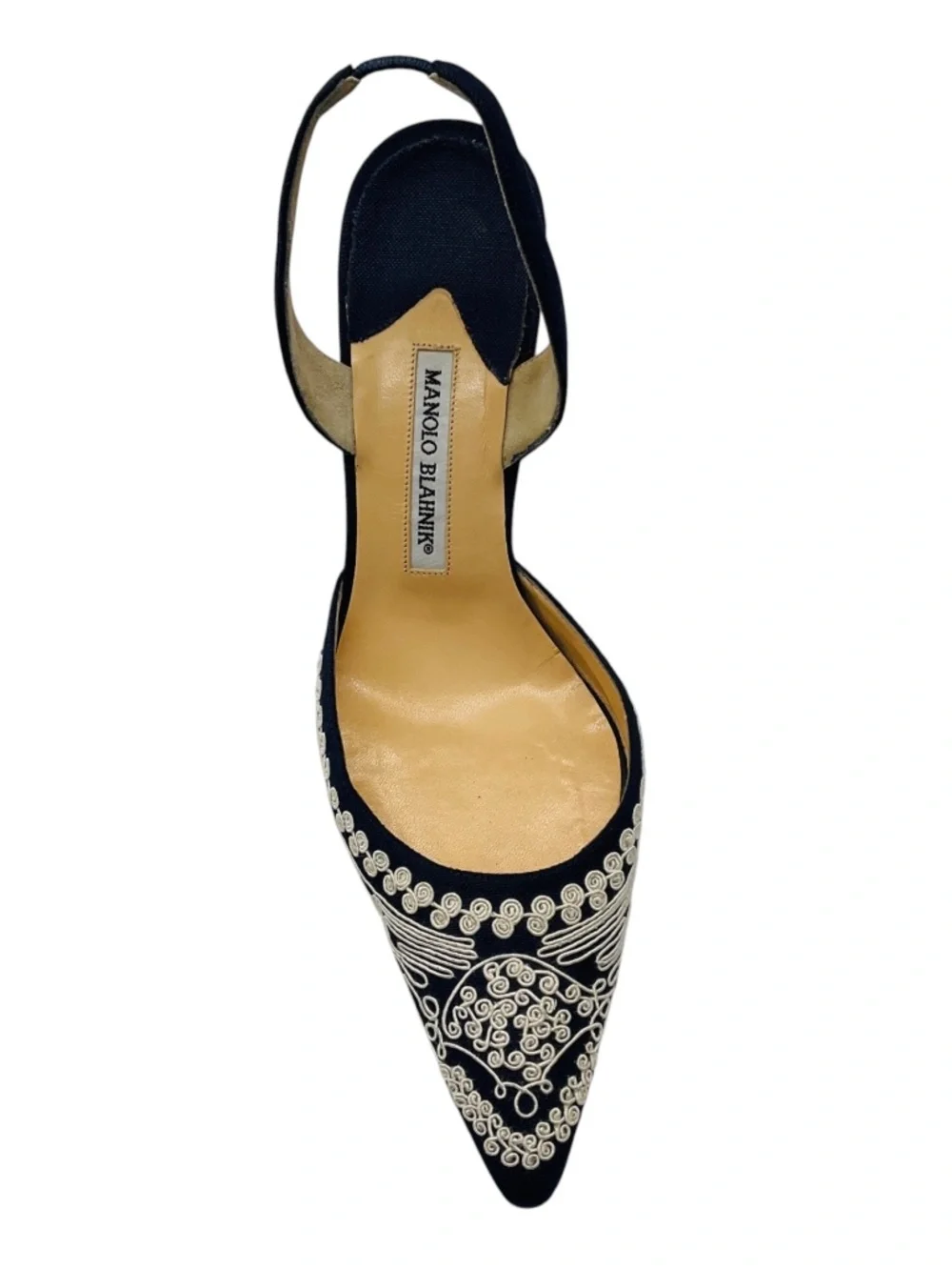 MANOLO BLAHNIK NAVY BLUE / WHITE EMBROIDERED LINEN SLINGBACK PUMPS